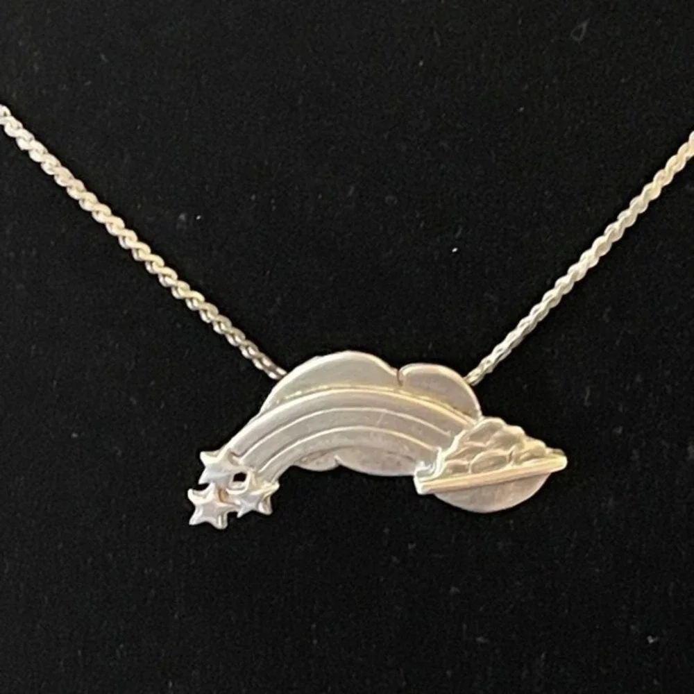 Sterling Silver Rainbow with Pot of Gold Pendant Silver‎ Chain Vintage